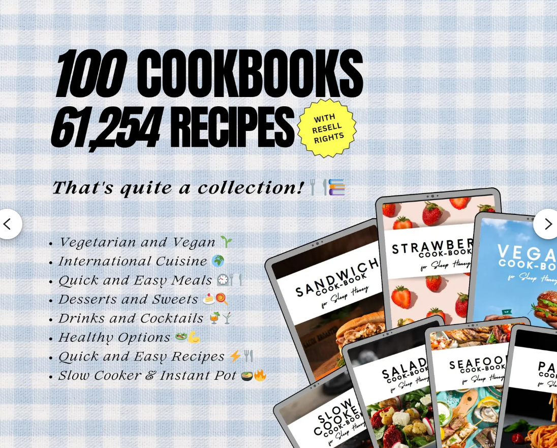 PLR COOKBOOK EBOOK PACK / 100 digital cookbooks with resale rights / Digital book pack / Digital recipe book / Digital product / Passive income / MRR