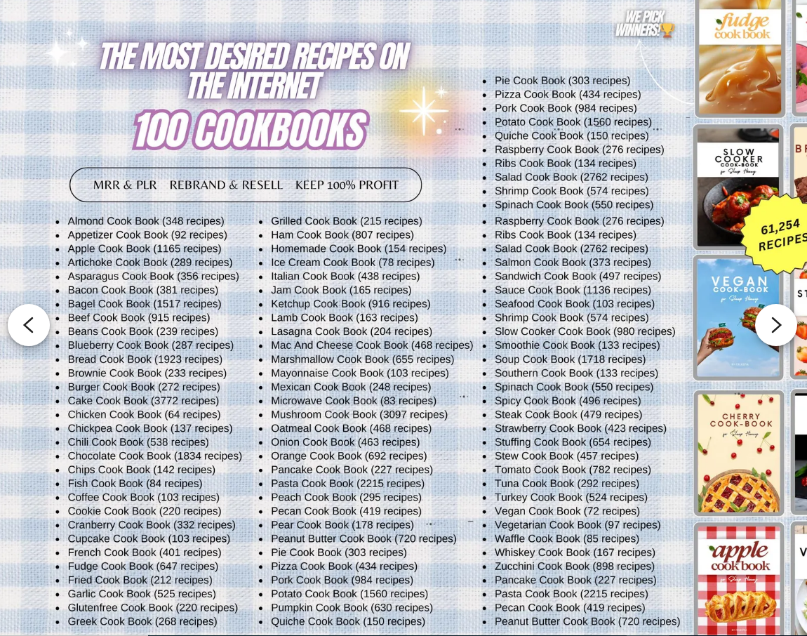 PLR COOKBOOK EBOOK PACK / 100 digital cookbooks with resale rights / Digital book pack / Digital recipe book / Digital product / Passive income / MRR
