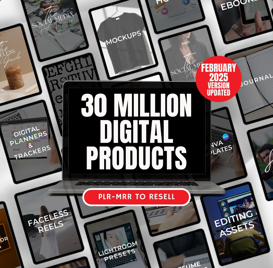 Pack of over 30 million digital products to resell, ideal for passive income, with private label rights (PLR) and master resale rights (MRR)