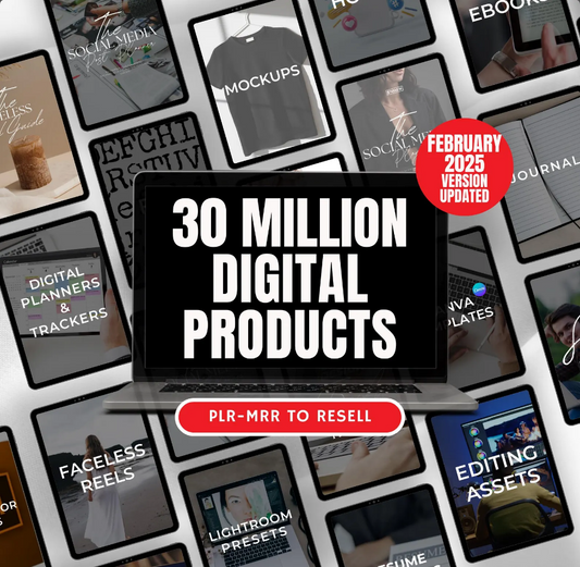 Pack of over 30 million digital products to resell, ideal for passive income, with private label rights (PLR) and master resale rights (MRR)